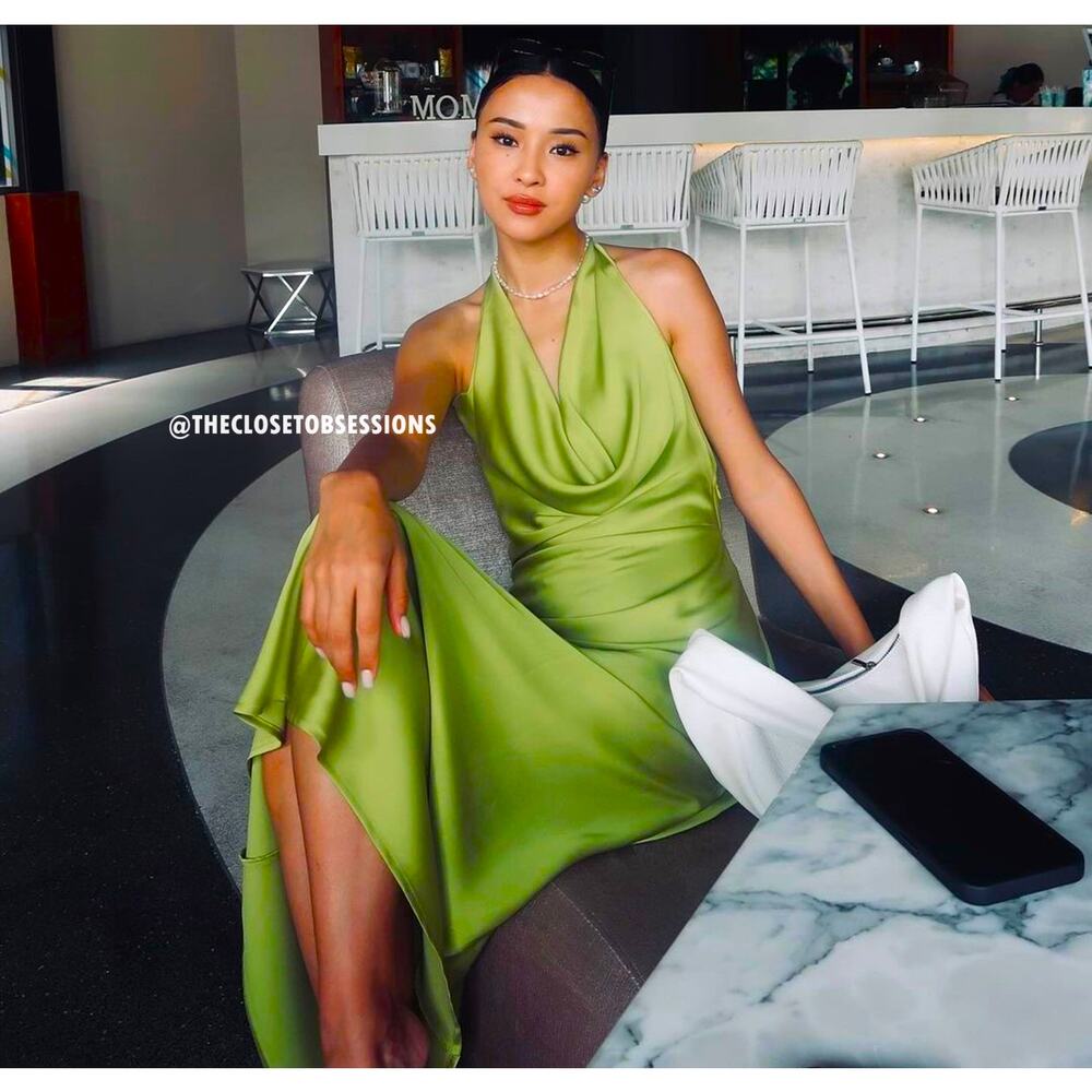 MANGO Green Open Back Satin Midi Dress NWT Cowl Neck Wedding Guest - Picture 7 of 16